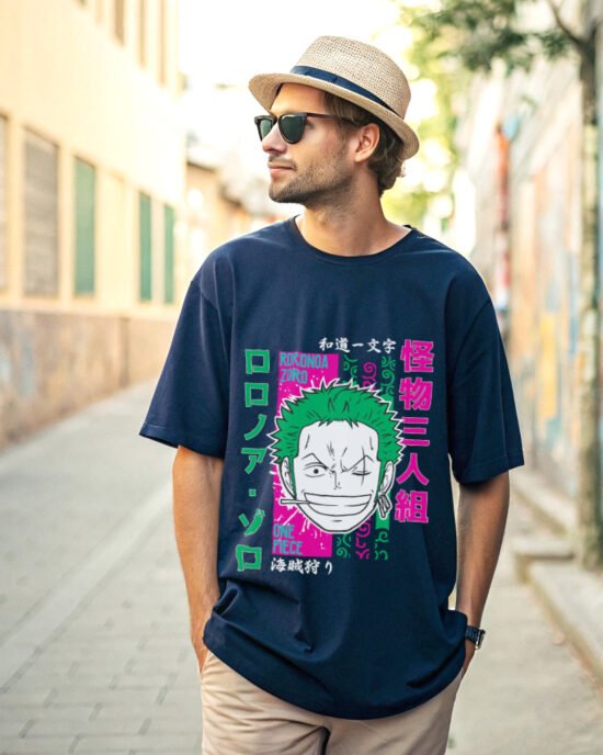 man posing in back alley wearing blue color anime t-shirt and hats and sun glass