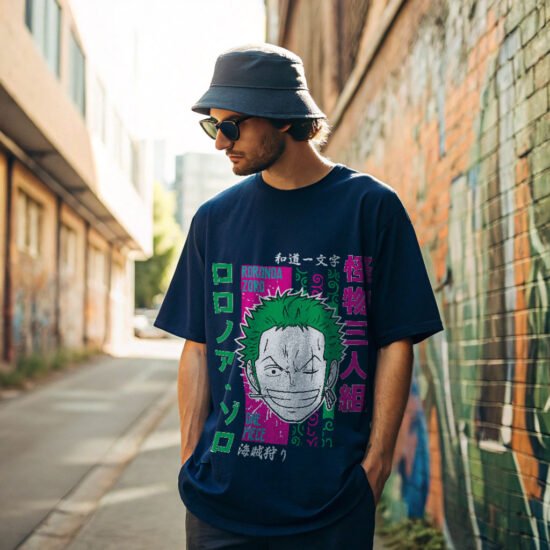 man posing in back alley wearing navy blue color anime t-shirt and hats and sun glass