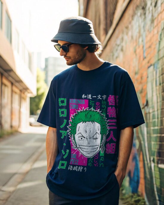 man posing in back alley wearing navy blue color anime t-shirt and hats and sun glass