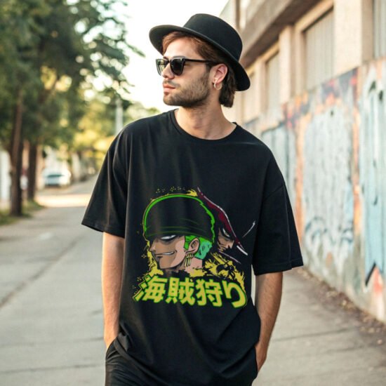 man posing in back alley wearingblack color anime t-shirt and hats and sun glass