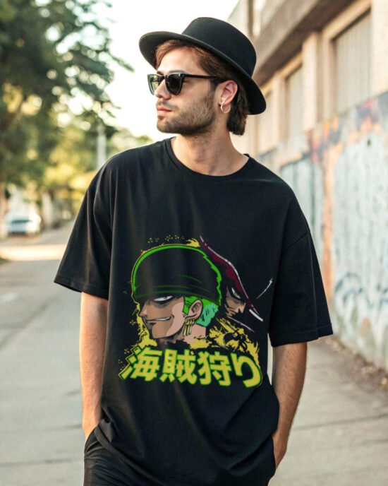 man posing in back alley wearingblack color anime t-shirt and hats and sun glass