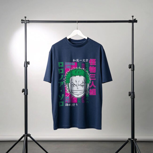 navy blue color anime t-shirt hanging